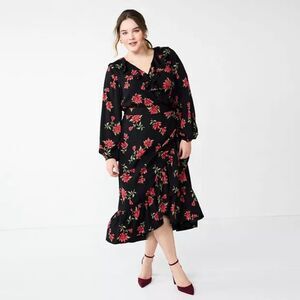 Draper James RSVP Black Floral Ruffle Wrap Dress Plus Size 2X